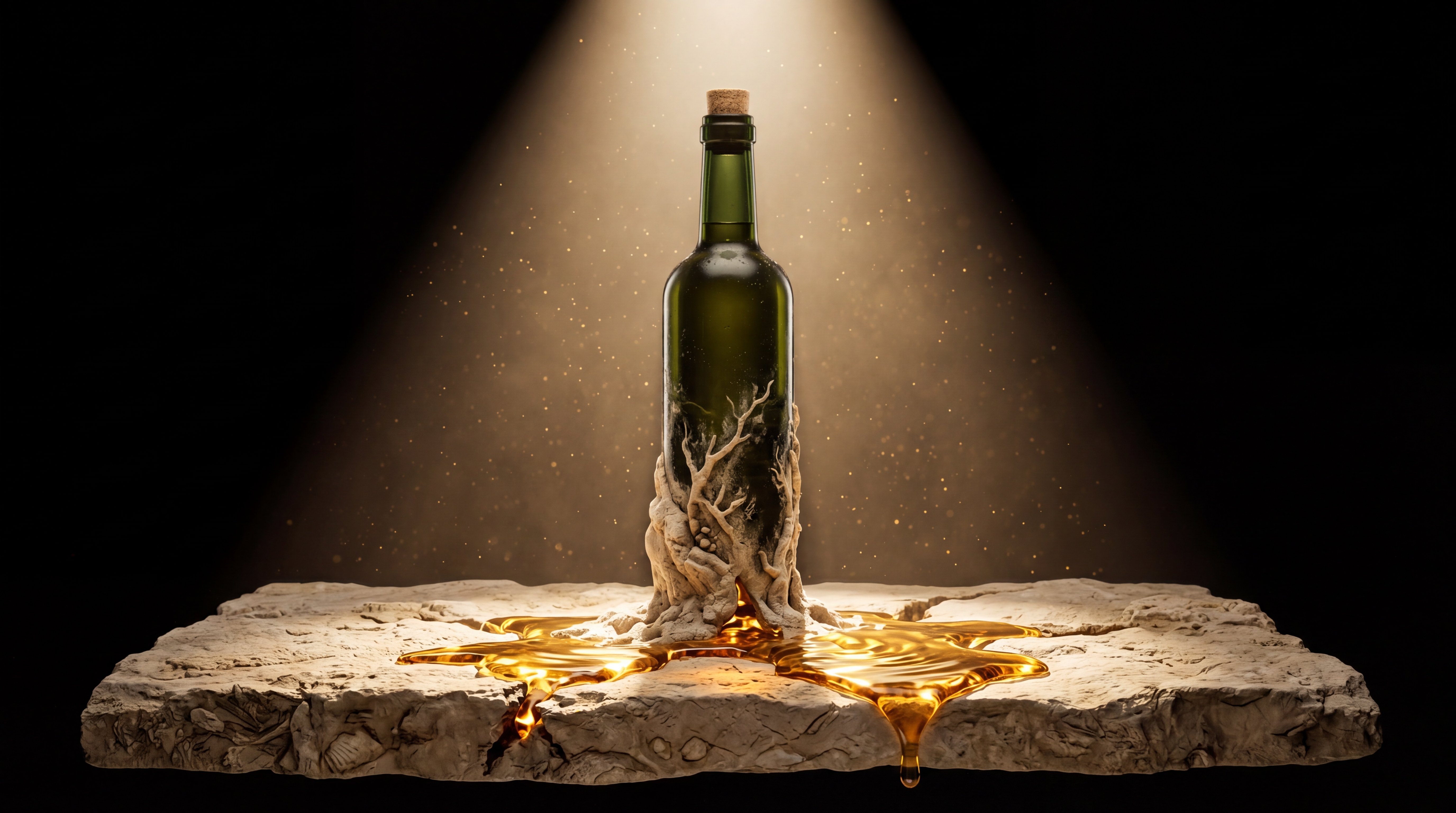 Genesi — bottiglia d'olio fusa con pietra calcarea pugliese, oro liquido nelle crepe